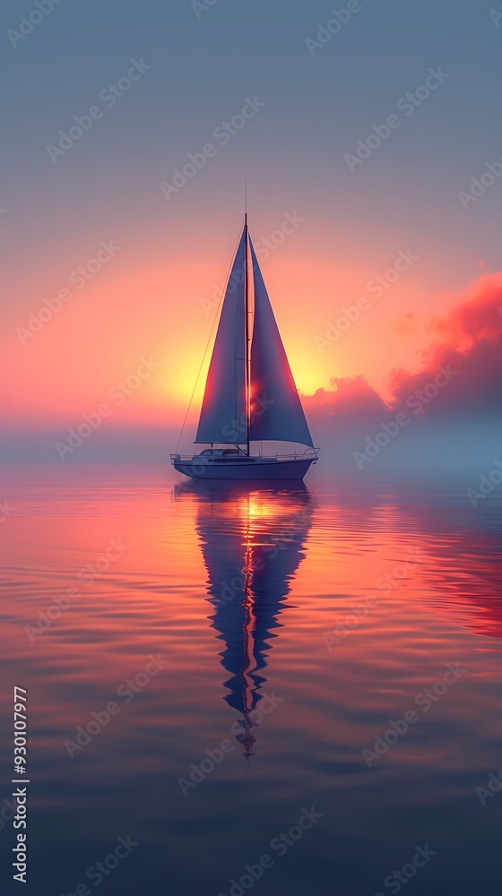 Fototapeta premium Minimalist blue calm lake boat illustration poster background