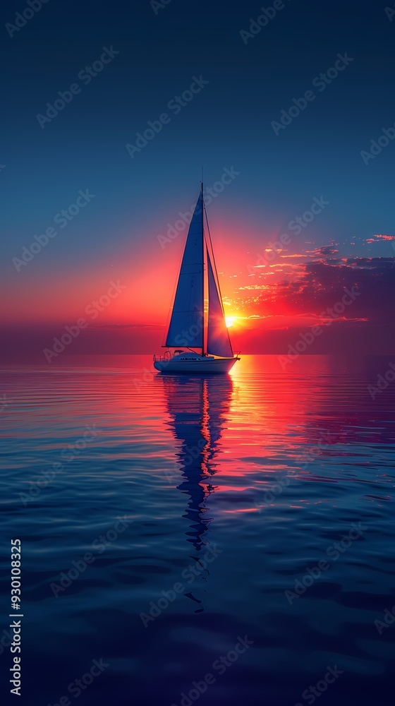 Fototapeta premium Minimalist blue calm lake boat illustration poster background