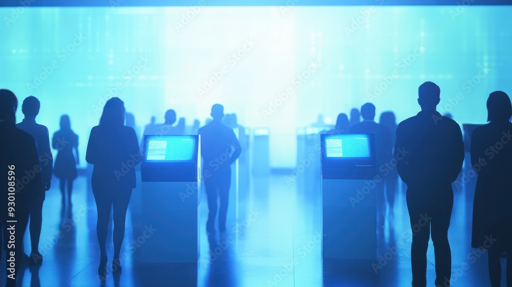 A diverse group of citizens casting digital votes using holographic screens, illuminated by soft blue light, Futuristic, High Resolution, Realistic A diverse group of citizens casting digital votes using holographic screens, illuminated by soft blue light, Futuristic, High Resolution, Realistic