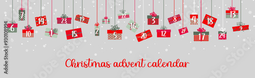 Christmas advent calendar with gift boxes garland for winter holiday, vector background. Christmas advent calendar with December days and present gifts with ribbons in wrapper with snowflakes ornament
