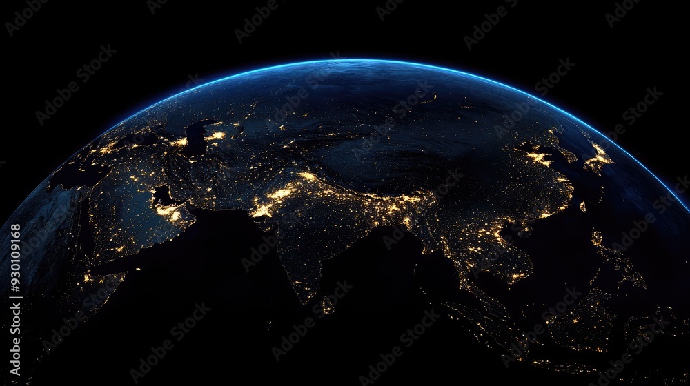 Obraz premium A satellite view of Earth at night, highlighting city lights across Asia, including China and India, glowing in the darkness.