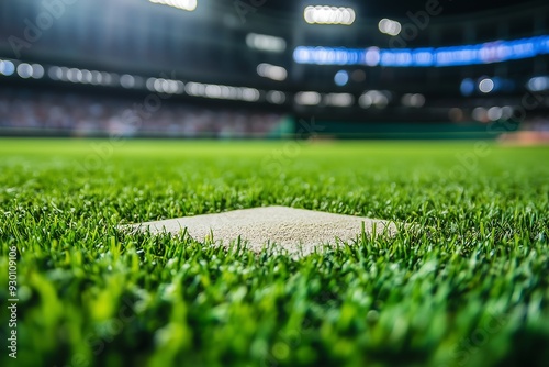 baseball pitch on green field with blurred stadium