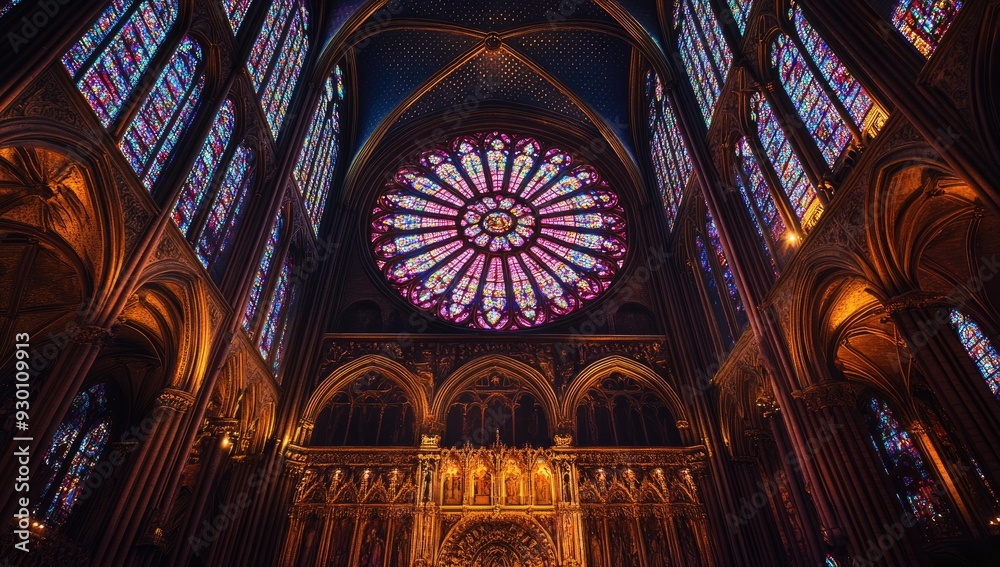 Fototapeta premium Ornate gothic church interior with stained glass windows.