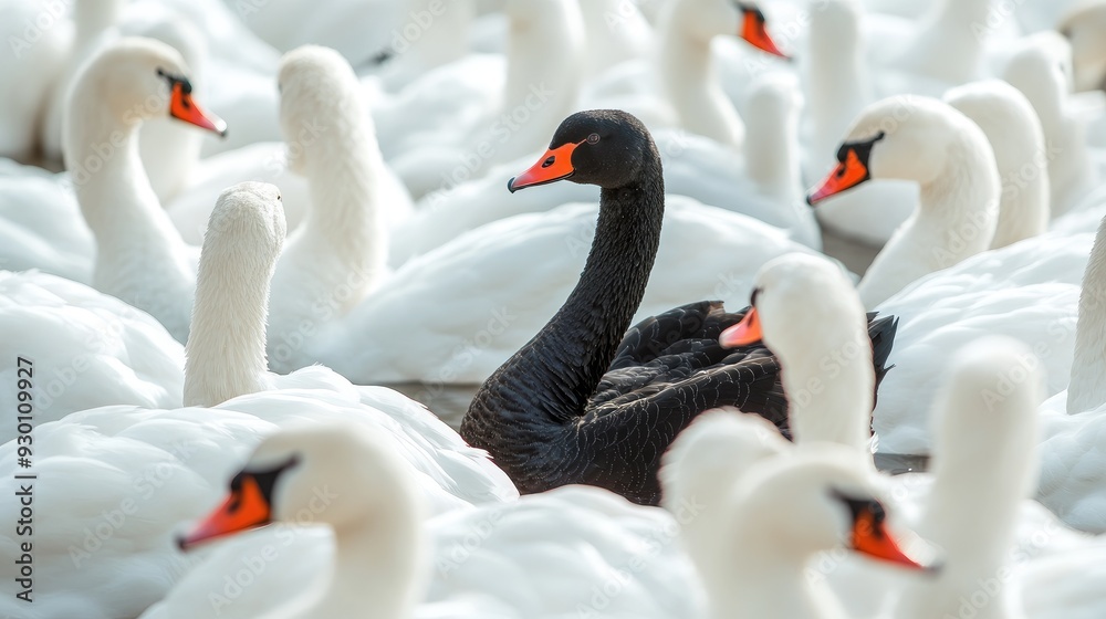 Obraz premium A single black swan surrounded by white swans, representing different leadership and the courage to be unique.
