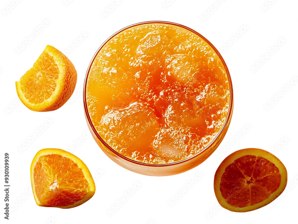 Refreshing Orange Juice with Ice Cubes and Slices on Transparent Background Refreshing Orange Juice with Ice Cubes and Slices on Transparent Background