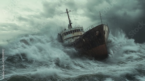 A ship caught in a violent storm, about to sink, with a patch of clear sky possibly preventing disaster.