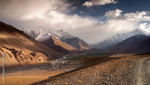 moody high altitude mountain landscape with muted colors on the pamir highway near ak baital pass murghab district gorno badakhshan tajikistan photo