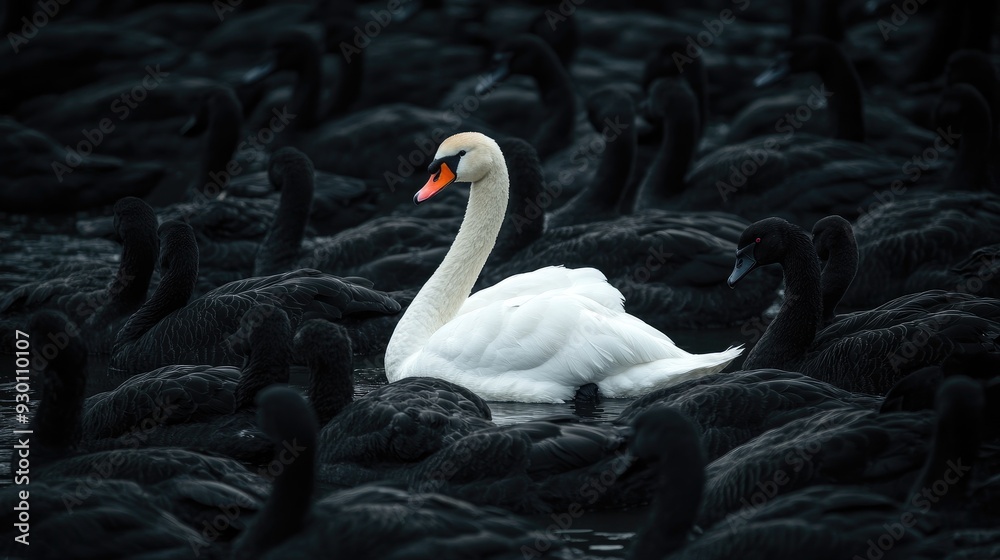 Fototapeta premium A single white swan among black swans, representing the courage to lead with individuality and uniqueness.