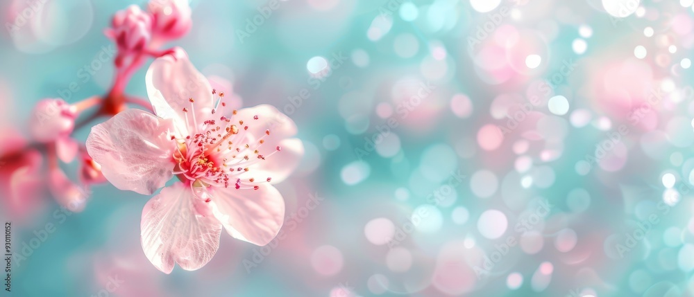 A pink flower in sharp focus on a branch, surrounded by a soft, blurred backdrop of light blue and pink hues A pink flower in sharp focus on a branch, surrounded by a soft, blurred backdrop of light blue and pink hues