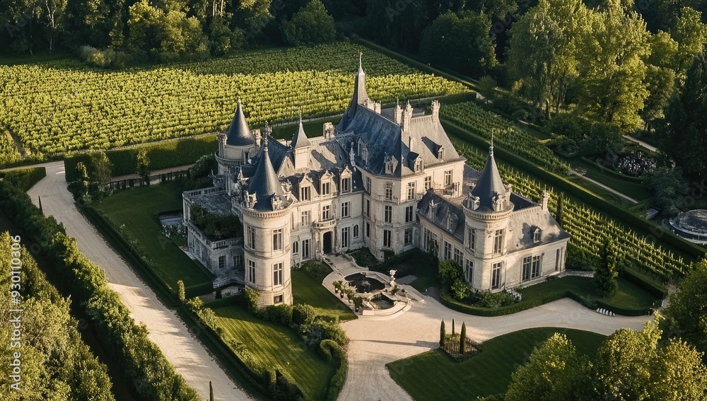 Fototapeta premium Aerial view of a French chateau with vineyards.