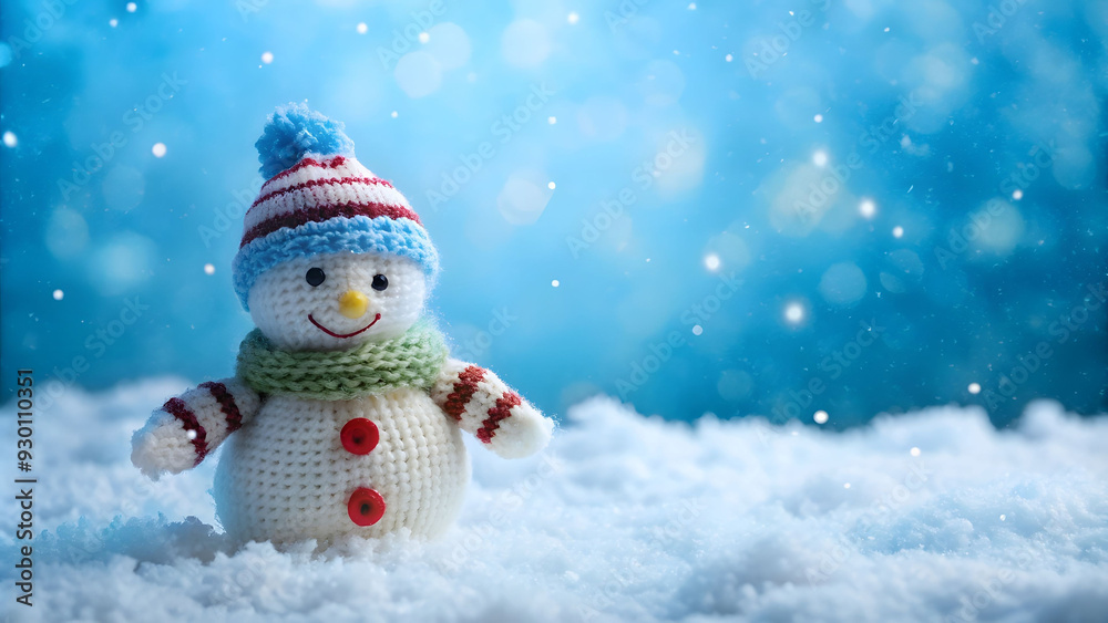 Little knitted snowmen on soft snow on a blue background. New Year and Christmas concept. Little knitted snowmen on soft snow on a blue background. New Year and Christmas concept.