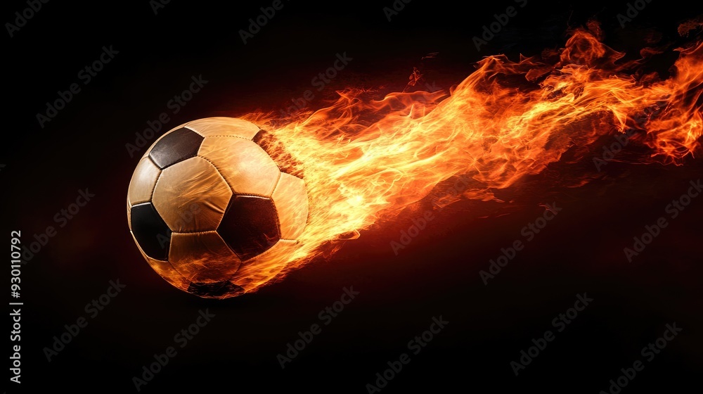 Fototapeta premium A soccer ball on fire with a blazing trail, isolated against a dark background, capturing the thrill of the game.