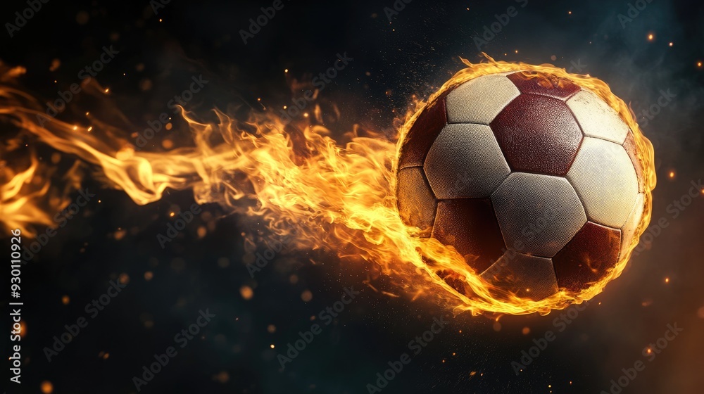 Fototapeta premium A soccer ball with a burning flame tail, flying through the darkness, representing the passion and energy of the sport.