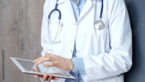 Doctor at work. Unrecognizable medical professional using digital tablet showcasing modern medical technology