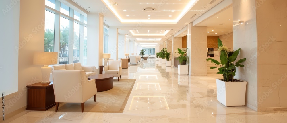 A long hallway with white chairs lining both sides At the hall's end, a room reveals a central plant A long hallway with white chairs lining both sides At the hall's end, a room reveals a central plant