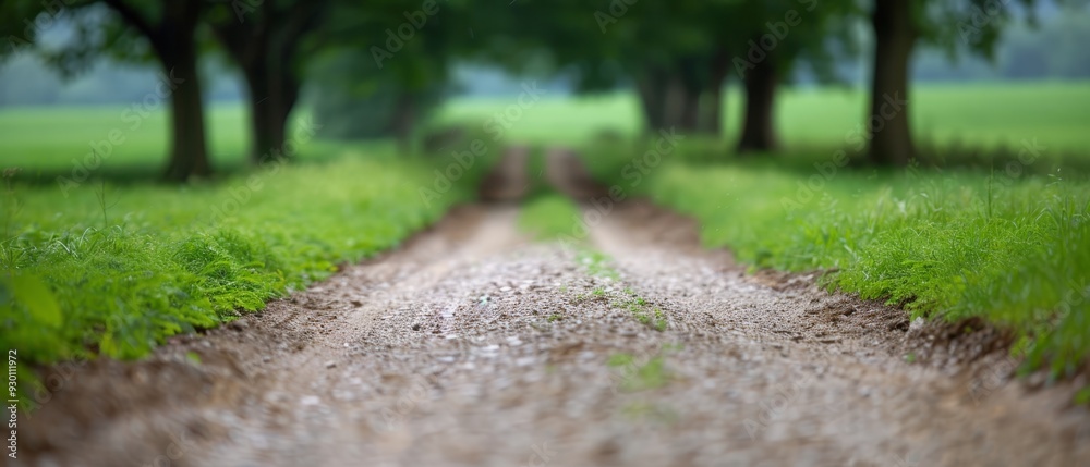 Obraz premium A dirt path through a field, flanked by trees on either side, and bordered by grass