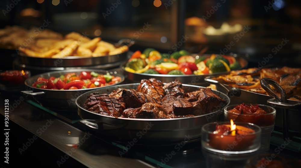 Group of people on catering buffet food indoor in restaurant with grilled meat. Buffet service for any festive event, party or wedding reception Group of people on catering buffet food indoor in restaurant with grilled meat. Buffet service for any festive event, party or wedding reception