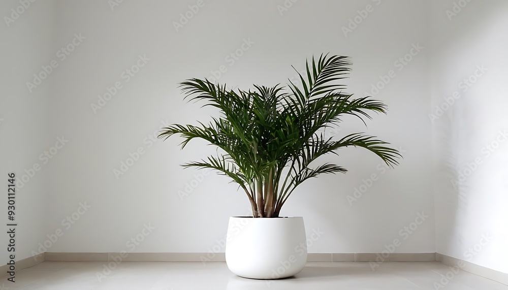 Obraz premium Empty room white walls with beautiful plants sideways on the floor.3d rendering4