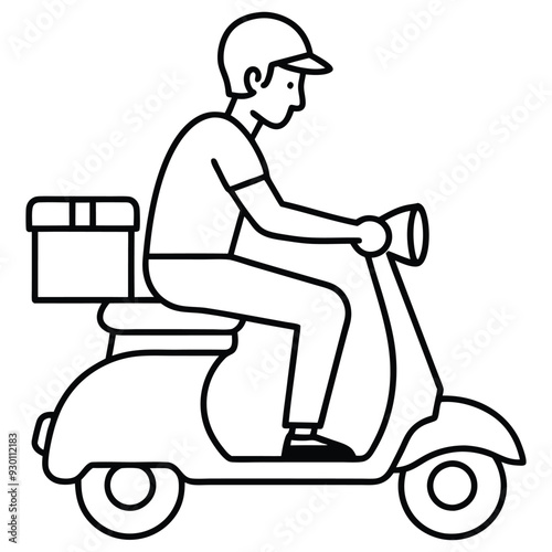 delivery man riding scooter with box vector illustration graphic design in black and white