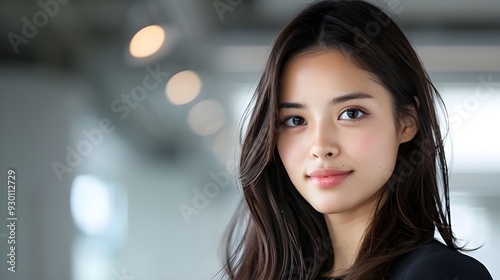 A realistic image captured by a skilled photographer features a smiling female employee in a Japanese office with long hair who works overtime.