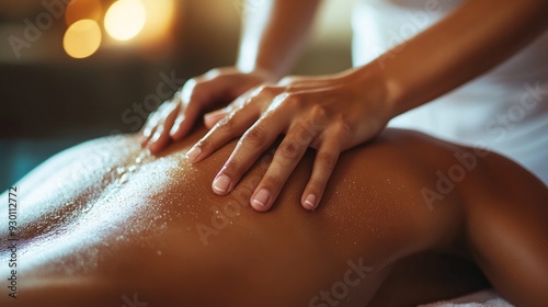 Bodywork: A woman at a spa having bodywork done. A masseuse giving him a back massage
