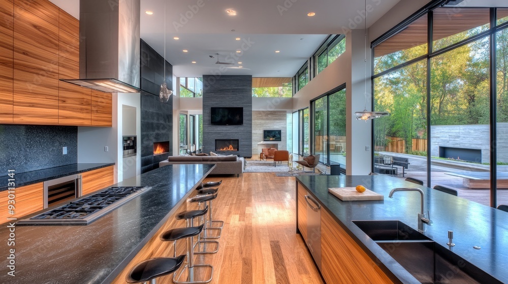 Modern, sleek, black granite countertops in the kitchen, wall ovens built-in, and a floor to ceiling marble fireplace characterize this house's exterior and interior design. personalized bar stools fo Modern, sleek, black granite countertops in the kitchen, wall ovens built-in, and a floor to ceiling marble fireplace characterize this house's exterior and interior design. personalized bar stools fo