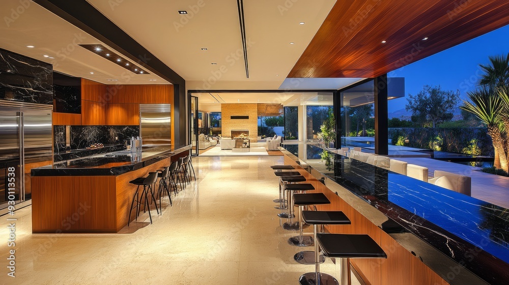 Modern, sleek, black granite countertops in the kitchen, wall ovens built-in, and a floor to ceiling marble fireplace characterize this house's exterior and interior design. personalized bar stools fo Modern, sleek, black granite countertops in the kitchen, wall ovens built-in, and a floor to ceiling marble fireplace characterize this house's exterior and interior design. personalized bar stools fo