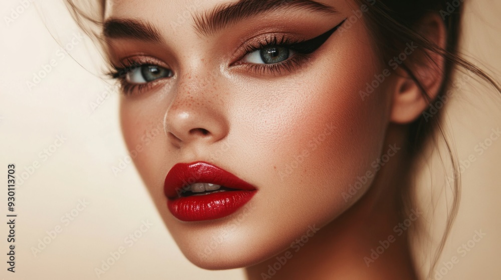 A close-up shot of a woman with meticulously applied makeup, showing off her perfect eyeliner, bold lipstick, and flawless skin, captured with a high level of detail A close-up shot of a woman with meticulously applied makeup, showing off her perfect eyeliner, bold lipstick, and flawless skin, captured with a high level of detail