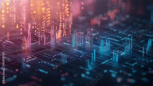 A colorful image of a cityscape with a blue line running through it