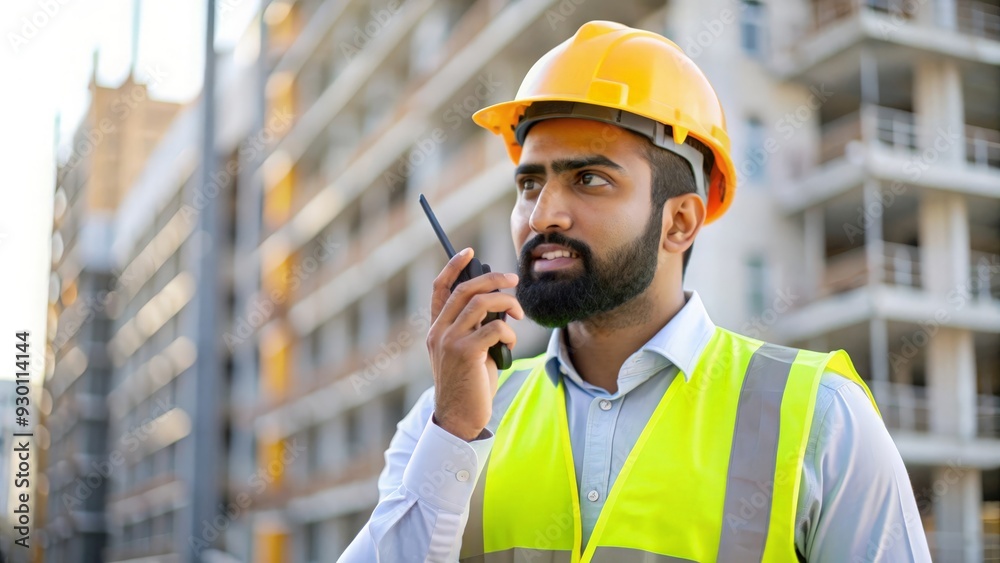 Indian Construction Supervisor with Walkie-Talkie - Supervisor coordinating site activities using a walkie-talkie.
