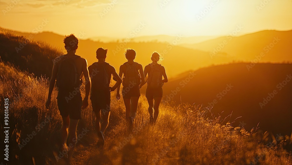 Four silhouetted figures walk uphill at sunset. Four silhouetted figures walk uphill at sunset.