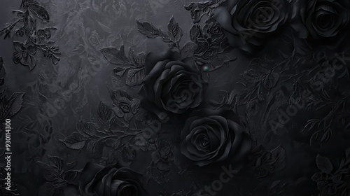 Fototapeta Naklejka Na Ścianę i Meble -  A textured black background adorned with dark roses and floral patterns.
