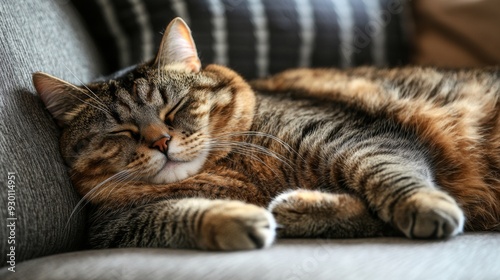 A fluffy, overweight cat snoozing peacefully, captured up close with its eyes closed and its round body comfortably sprawled across a sofa.