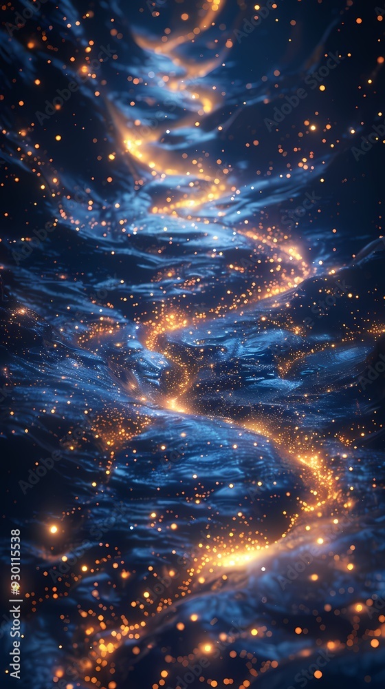 Naklejka premium Digital abstract golden stars and blue river illustration poster background