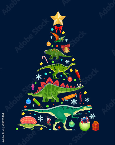 Christmas dinosaurs tree decorated with cartoon dino species, ornaments, festive stars, bells, ribbons, petards and candy canes. Vibrant and playful vector holiday tree with fun prehistoric animals