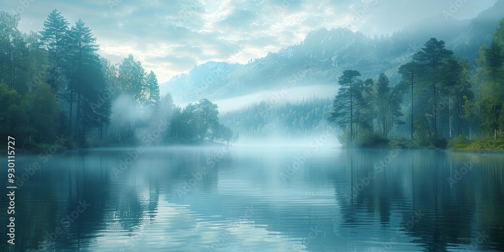 Scenic Lakeside Landscape, Foggy Mornings in the Forest Scenic Lakeside Landscape, Foggy Mornings in the Forest