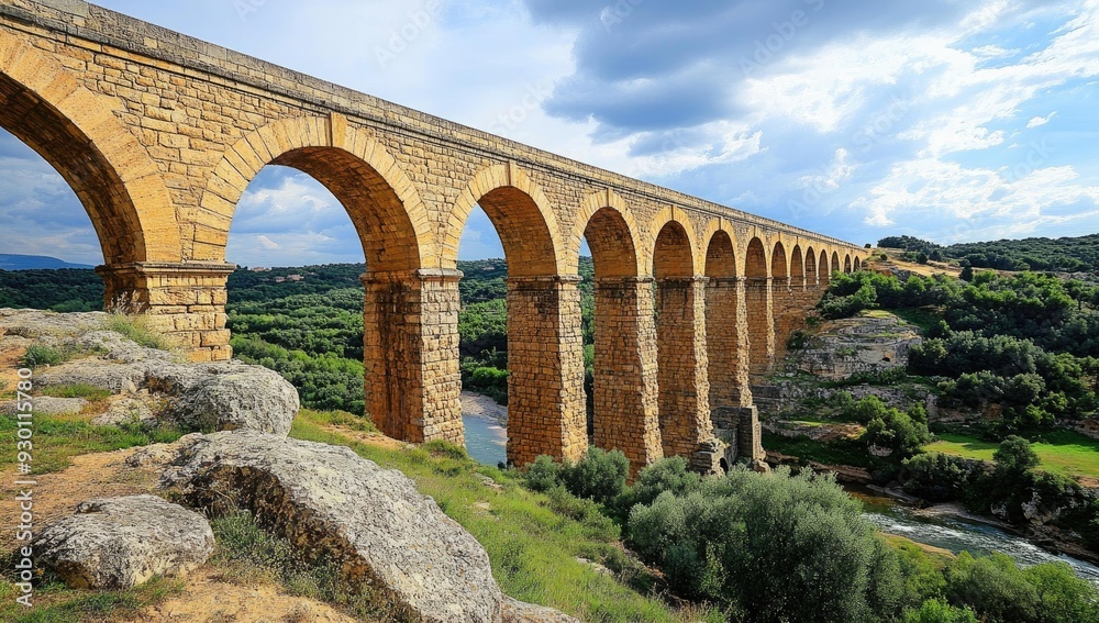 Fototapeta premium Stone bridge arches over green valley.