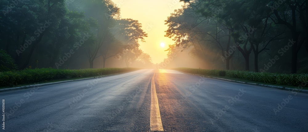 The sun shines through trees lining the side of the road In the middle of the road, a straight line of trees extends The sun shines through trees lining the side of the road In the middle of the road, a straight line of trees extends