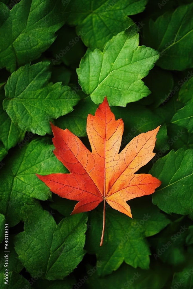 A vibrant autumn leaf rests atop deep green foliage, showcasing nature's beautiful contrast and seasonal change. A vibrant autumn leaf rests atop deep green foliage, showcasing nature's beautiful contrast and seasonal change.