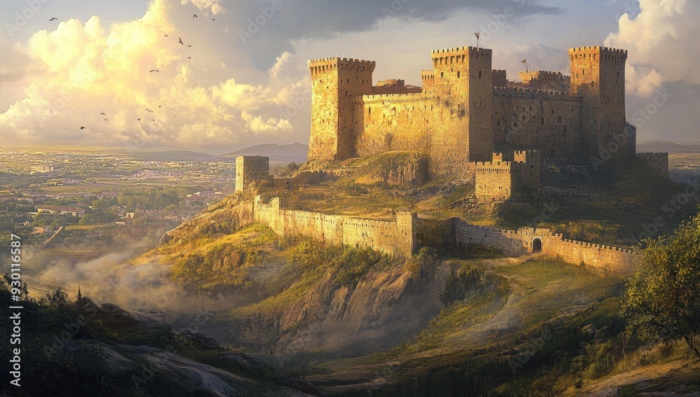 Fototapeta premium Stone castle on hilltop overlooking town.