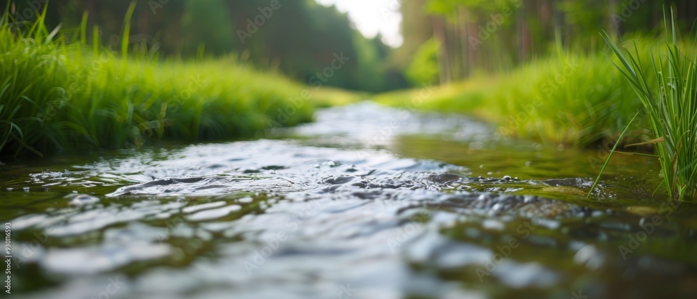 Fototapeta premium A stream winds through a verdant forest, surrounded by tall grass on either bank