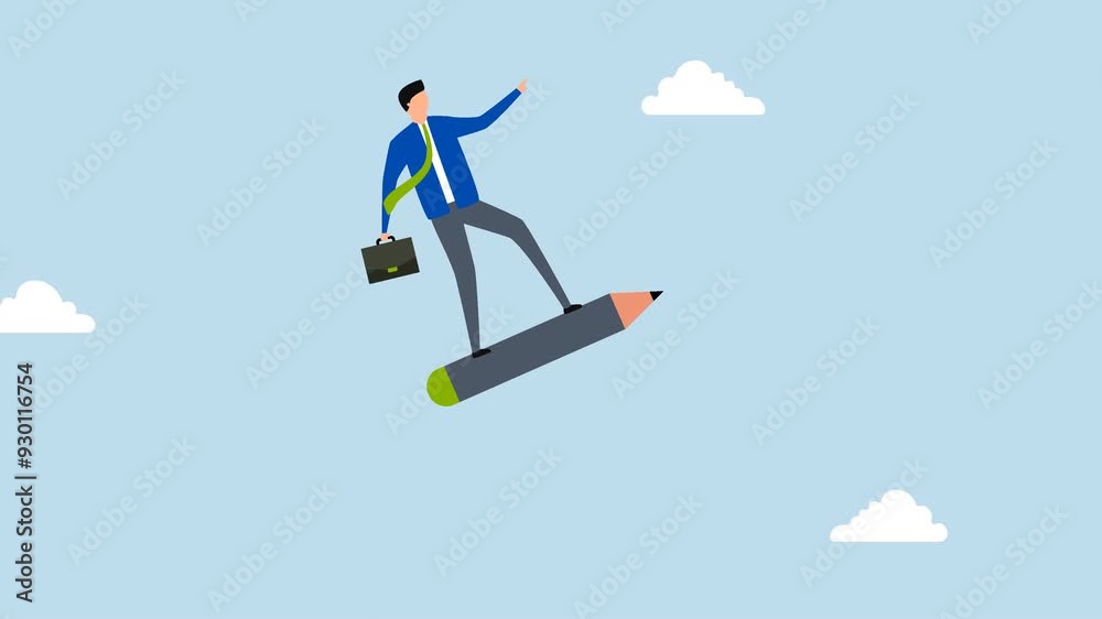 Creativity idea lead the way, 4k animation of businessman riding pencil rocket flying high into the sky. Creativity idea lead the way, 4k animation of businessman riding pencil rocket flying high into the sky.
