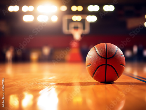 Basketball on the court, free throw line visible, players blurred in the background photo