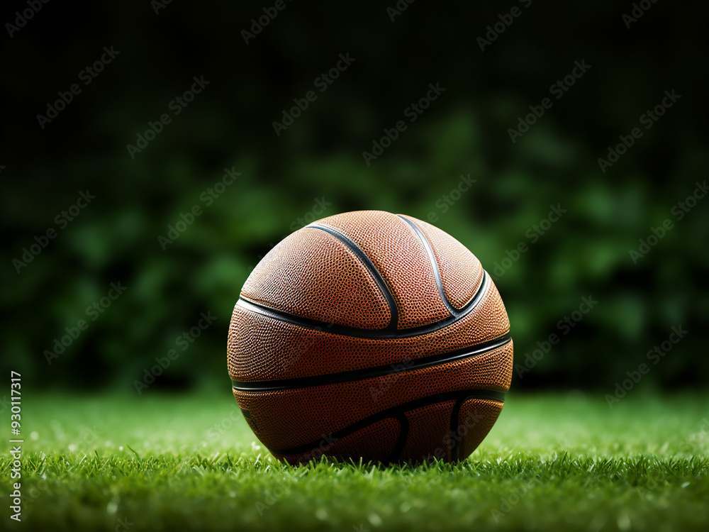Basketball ball on grassy field, text space in background Basketball ball on grassy field, text space in background