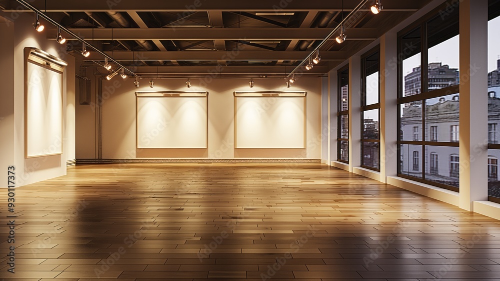 Modern Art Gallery Interior with City View - Empty Room with Track Lighting Modern Art Gallery Interior with City View - Empty Room with Track Lighting