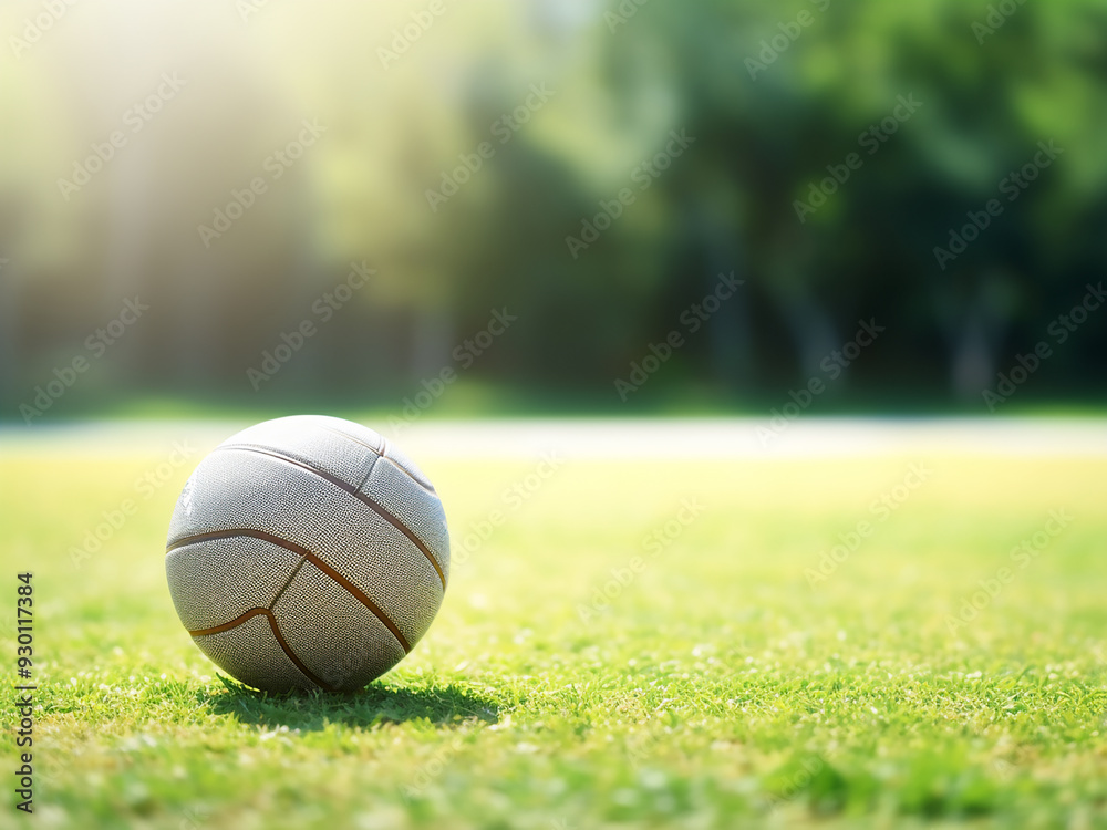 Basketball ball on grass field, copy space for text Basketball ball on grass field, copy space for text