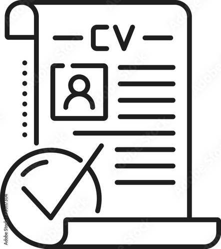 Job search line icon for candidate approved CV resume for work vacancy, vector pictogram. Head hunting and employee staff hiring line icon for job applicant and professional CV resume approval