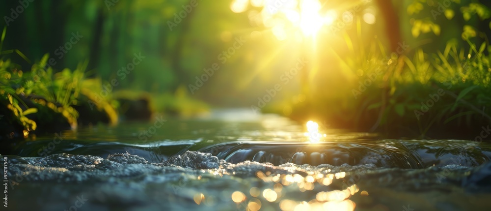 A sunlit stream weaves through a verdant forest, its water reflecting the dappled light filtering through the leafy canopy above A sunlit stream weaves through a verdant forest, its water reflecting the dappled light filtering through the leafy canopy above