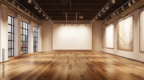 Modern Art Gallery Interior with Empty Walls and Wooden Floor photo