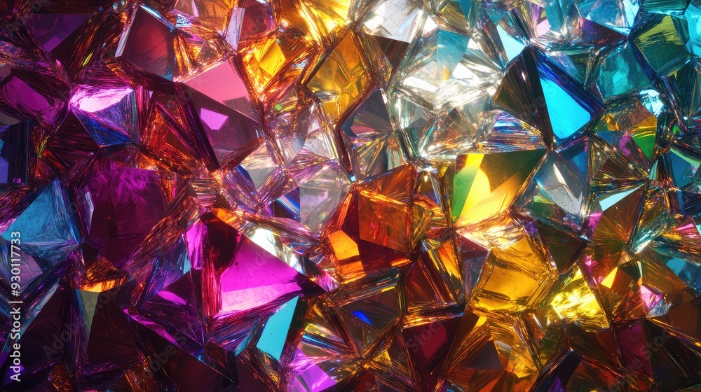 An abstract composition of prismatic stones arranged in a dazzling pattern, with light creating vibrant, shifting hues. An abstract composition of prismatic stones arranged in a dazzling pattern, with light creating vibrant, shifting hues.